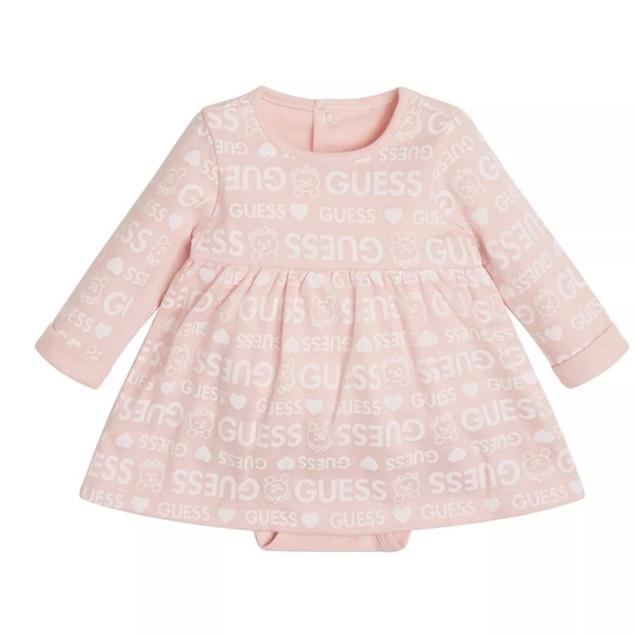 GUESS Baby Girls Allover Log Print Interlock Jersey Bodysuit Dress - Picture 1 of 7